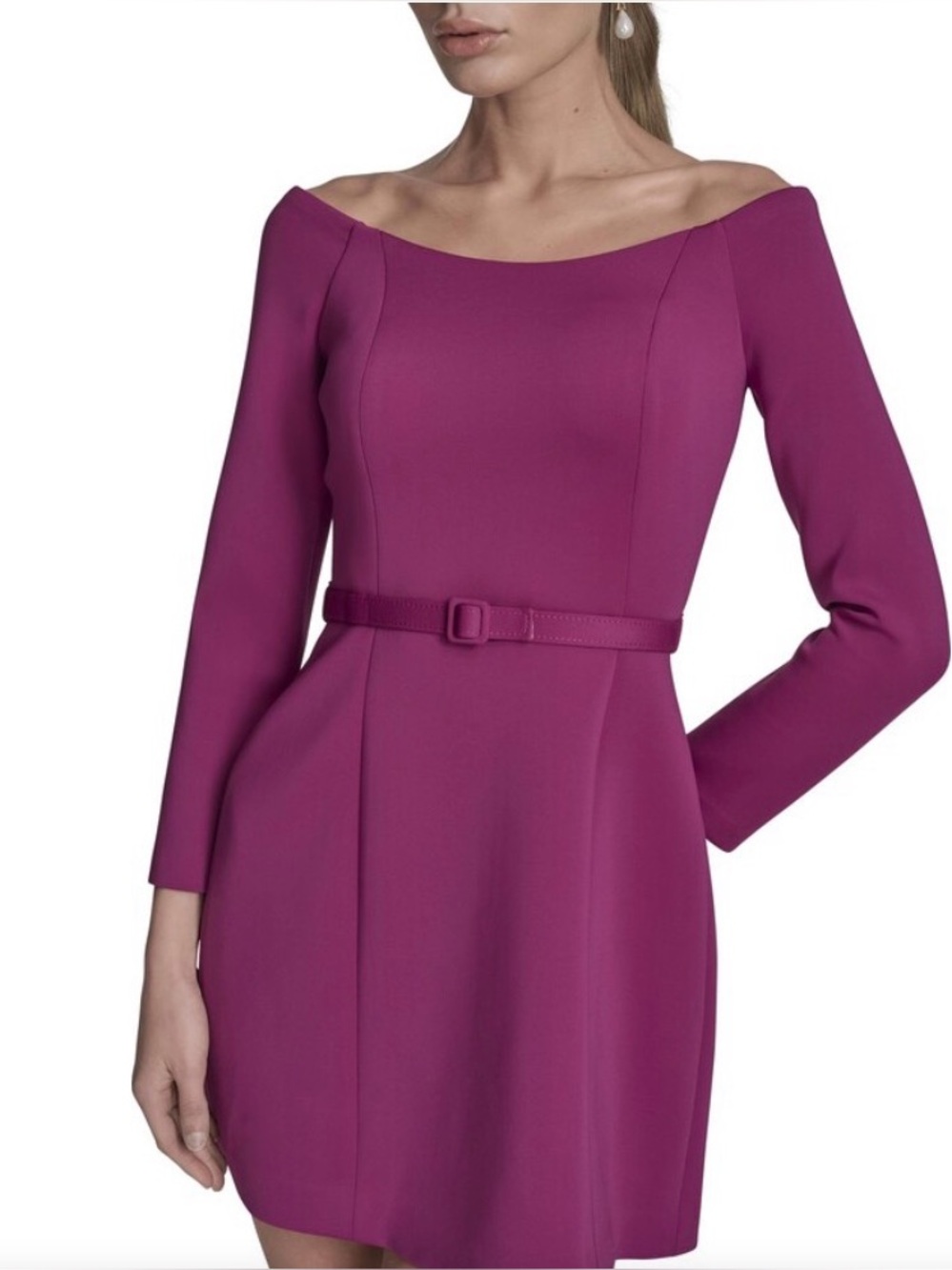 BCBG Sz 8 Off The Shoulder Long Sleeve Belted A-Line Mini Dress Long Sleeves